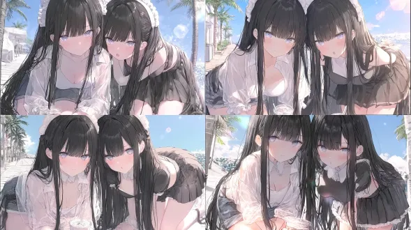 subject: two identical twin girls, long straight black hair, hime cut bangs, pale skin, striking light purple eyes. character a (left): wearing a sheer white beach shirt over a camisole and denim shorts. deadpan but with a subtle, gentle smile, holding a cup of iced drink. character b (right): wearing a tight crop top and a pleated mini skirt. cute tsundere expression, blushing, pouting slightly, leaning in playfully to snatch the straw of the drink. environment: a sunny summer seaside boardwalk, palm trees, bright clear blue sky, sparkling ocean in the background. lighting & style: bright high-key lighting, warm sunlight, lens flare, fresh and vibrant atmosphere. highly detailed anime illustration, youthful and energetic.