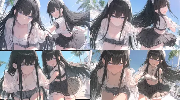 subject: two identical twin girls, long straight black hair, hime cut, pale skin, striking light purple eyes. character a (left): wearing a sheer white beach shirt over a camisole and denim shorts. being pulled forward, looking down at their holding hands with a subtle, gentle smile. character b (right): wearing a tight crop top and a pleated mini skirt. cute tsundere look, laughing, blushing, pulling character a by the hand, running forward, looking back over her shoulder. environment: a sunny summer seaside boardwalk, palm trees, bright clear blue sky. dynamic motion, wind blowing their hair and skirts. lighting & style: bright high-key sunlight, motion blur on the background to emphasize speed, youthful, energetic, cinematic anime illustration.