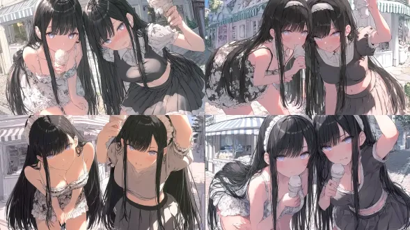 subject: two identical twin girls, long straight black hair, hime cut, pale skin, striking light purple eyes. character a (left): wearing a spaghetti-strap floral mini dress. tiptoeing, leaning forward, one hand softly resting on the other's waist for balance, trying to bite the ice cream, faint serene smile. character b (right): wearing a fitted crop top and an a-line skirt. mischievous tsundere expression, blushing, holding the ice cream high up, playfully dodging to prevent character a from eating it. environment: a bright street corner ice cream shop, striped awning, cobblestone street. mid-action shot, feeling of intimate struggle. lighting & style: bright afternoon sunlight, sharp crisp shadows, glowing skin, alluring yet youthful vibe. highly detailed anime illustration.