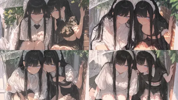 subject: two identical twin girls, long straight black hair, hime cut, pale skin, striking light purple eyes. character a (left): wearing an oversized sheer white shirt (covering shorts). leaning against a brick wall, holding a clear umbrella, looking down with a soft, faint smile. character b (right): wearing a tight revealing crop top and mini skirt. cute tsundere expression, blushing, one hand resting on the wall, leaning in closely to whisper into character a's ear. environment: a tree-lined street with green leaves and brick walls. intimate and close proximity, dynamic body language. lighting & style: sunlight filtering through the leaves, casting beautiful dappled shadows on their clothes and skin. warm, slightly sultry, and cinematic lighting. anime illustration.
