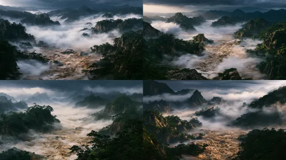 重构传统工笔山水绘画风格，层叠晕染构图，古雅宣纸质感，松云溪山场景，柔焦镜头，漫射天光，运笔晕染，雅致平和，石青赭石色调，细腻笔触。