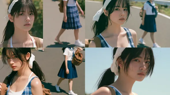19岁日本女高中生，黑色长直发扎低马尾，白色布艺发圈，空气刘海，清透淡妆， 皮肤白皙带自然光泽，五官清秀柔和，眼神干净略带忧郁， 穿白色细吊带背心 + 蓝白格纹百褶短裙，或白色水手服校服上衣 + 深蓝色百褶裙， 赤脚或穿白色帆布鞋，背棕色帆布双肩包， 身形纤细，气质安静温柔，日系电影感写真，4k超高清写实