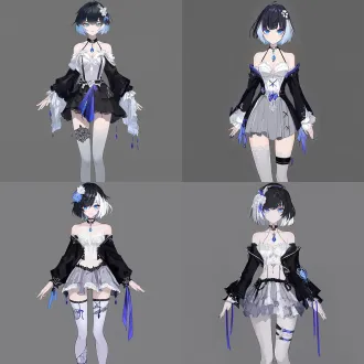 masterpiece, best quality, 1girl, solo, full body standing pose, vtuber character reference sheet, short layered two-tone hair, top black hair fade to silver white at tips, white hairband with small white flower hair ornament, blue hairclip on bangs, bright icy blue eyes, pale skin, quiet indifferent expression, black long sleeve cropped blazer with ruffled flared cuffs, white lace camisole top with blue teardrop pendant, layered black beaded choker, asymmetrical ruffled grey short skirt, blue floral waist accessory, hanging gradient purple blue ribbons, thigh garter strap with blue shell pendant on left thigh, white short socks, black low heel shoes with blue accents, plain solid gray background, soft cel shading, clean modern anime art style