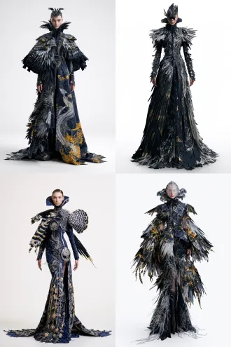 clothing effect drawing, tall russian female model, full body view of the front, miao ethnic hundred-bird costume and ancient totem as inspiration, navy base with matte black, silver gray and bright gold, deconstructed hundred-bird feather splicing, asymmetrical silver thread totem, avant-garde deconstruction design style, white background