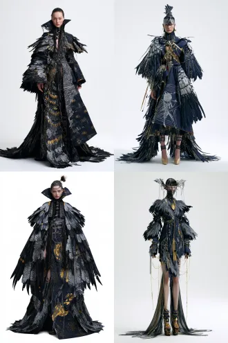 clothing effect drawing, tall russian female model, full body view of the front, miao ethnic hundred-bird costume and ancient totem as inspiration, navy base with matte black, silver gray and bright gold, deconstructed hundred-bird feather splicing, asymmetrical silver thread totem, avant-garde deconstruction design style, white background