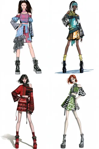 clothing rendering, hand drawing, clothing design, a female model stands in a full body posture, with a smile on her face, wearing a miniskirt and off the shoulder y2k style outfit, the pattern adopts futuristic elements such as geometry and numbers, while incorporating millennial classic patterns such as stripes and dynamic letters, tailoring emphasizes layering, accessories emphasize uniqueness, clothing drawing renderings