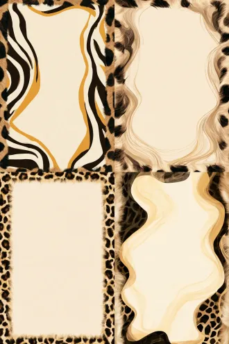minimalist background template, completely empty center with ample negative space, surrounded by elegant framing borders on the edges. abstract fluid wavy patterns inspired by giraffe spots and geometric grids. color palette: warm cream, ochre yellow, dark brown, and muted black. clean and smooth continuous curves, subtle sheer tulle texture and soft fur-like borders, john galliano theatrical elegance, uncluttered layout, no figures, no text,