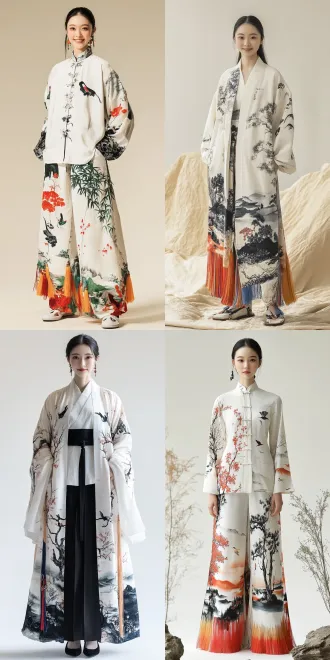 服装采用传统中式裁剪，交领，图案上，运用山水，花鸟水墨风格元素，通过刺绣呈现，体现传统与现代的巧妙结合。在面料上，丝绸，线条曲直对称，复古风印有水墨风传统长袍，自然光线，干净的背景，女模特全身站立姿态，面带微笑，上身穿水墨风格的衬衫，下装穿着水墨风格的裤子，使用丝绸和断面优质材料强色流苏点缀，干净的背景，自然光线，简约的工作室环境暖色调