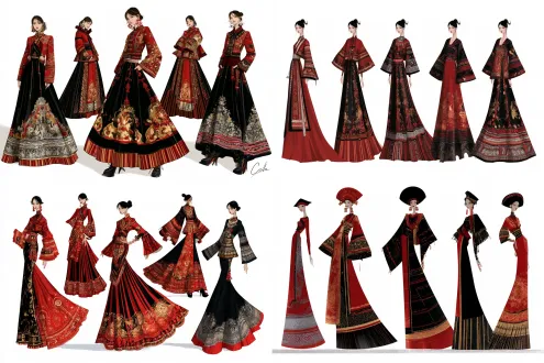 高山灵感秋季苗疆长裙服装设计效果图，五位高挑冷艳中国女模特全身，红黑金银配色，精致刺绣，纯白背景，手绘时装画风格，中焦镜头，均匀柔光，高细节，高级质感，冷冽气场。