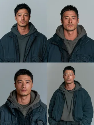 photorealistic live-action character portrait for a film costume reference, contemporary chinese urban fantasy mystery. a 28-year-old chinese man, about 175 cm, lean and wiry build. angular lean face, defined cheekbones, narrow single-lidded eyes with a guarded, tired look, thin lips, light stubble, short black hair slightly overgrown at the back. he wears a dark slate-blue short zip jacket worn open over a mid-grey hooded sweatshirt, and dark cargo trousers. waist-up, facing the camera, quiet wary expression. plain seamless mid-grey background, soft even light that shows the face and clothing clearly, natural skin texture.