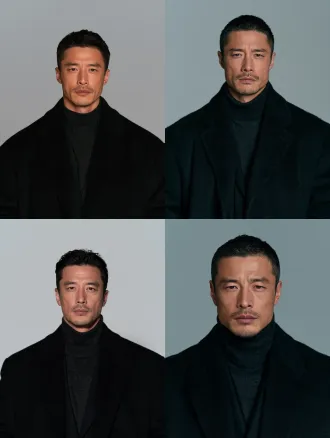 photorealistic live-action character portrait for a film costume reference, contemporary chinese urban fantasy mystery. a 33-year-old chinese man, about 187 cm, very broad shoulders and a powerful build. strong hard square jawline, thick straight dark eyebrows, deep-set calm eyes, short neatly cut black hair, tidy at the sides. he wears a tailored knee-length black wool overcoat over a dark charcoal turtleneck and black trousers. waist-up, facing the camera, calm unreadable expression with a faint cold smile. plain seamless mid-grey background, soft even light that shows the face and clothing clearly, natural skin texture.