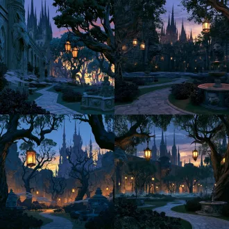 wide panoramic shot, the inner garden of the werewolf clan castle, dusk, deep blue and orange twilight sky, huge gothic stone castle spires rise in the background, castle walls carved with giant wolf head sculptures, winding stone paths, ancient gnarled trees, dark rose bushes, stone fountains carved with wolf reliefs, glowing warm lanterns hanging on tree branches, low wispy mist drifting above the lawn, soft golden dusk backlight,