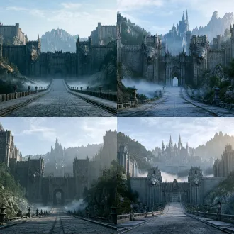 live action cinematic photograph, high wide shot, main outer gate of the werewolf clan castle city, daytime, soft hazy daylight, pale blue cloudy sky, massive gothic fortified stone gatehouse, towering thick stone city walls, huge carved wolf-head reliefs decorating gate towers, wide stone avenue leading into the castle gate, stone lanterns along both sides of the road, rolling mist lingering at the foot of mountain, forest and rocky hills surrounding the fortress, distant jagged mountain range, the grand spires of the wolf castle rising behind the walls, subtle volumetric sun rays, moody muted fantasy tone, shot on arri alexa 65 lf, 35mm lens, natural daylight, fine film grain, hyperrealistic textures, movie on-location shot, empty scene, no people, 8k