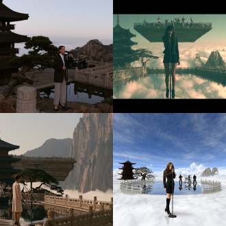 中景，全身摄影照，大景观，50mm 镜头，居中构图。一位中国女歌手身穿时尚西服和短裤，黑色高跟鞋，站着对着立式黑色麦克风演唱，人物清晰突出。身后是中国乐队成员，包括吉他手和鼓手，正在现场演奏。他们的身后巨大石质观景台悬于数千米深峡谷之上，峡谷铺满连绵柔和的白色云海，观景台表面是镜面般平静的无边反射水池。画面左侧有深色木质中式多层古塔，带经典上翘飞檐，池边有虬曲苍劲的千年迎客松，观景台环绕精雕石质栏杆。远处陡峭嶙峋的花岗岩山峰刺破云海，明亮蔚蓝色渐变天空，清晨黄金时刻柔和暖光，空灵静谧东方仙境美学，