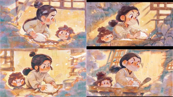 主体与动作： 32岁温柔中国母亲，黑色长发挽成低马尾，几缕柔软碎发垂落在脸颊两侧，鹅蛋脸，温柔杏眼，深褐色通透瞳孔，白皙皮肤透着淡淡的粉晕，身穿米色软糯针织毛衣，坐在厚重的老宅实木案板前，双手正轻柔按压揉制一团蓬松白面团，指尖沾着少许面粉，嘴角扬起宠溺温柔的微笑，目光投向身侧的少女。一旁站着16岁中国少女小皖，深棕短发扎成蓬松高小揪，额前是细碎齐刘海，灵动圆润的五官，脸颊晕开淡淡的橘调腮红，静静站在案板边，目光好奇地注视着母亲揉面的动作。 场景与环境： 老宅乡土厨房内景，屋内光线柔和漫射，午后自然光从老旧木格窗斜斜淌入，空气中浮着淡淡的面粉粉尘，光束里飘着细碎面粉微粒。 镜头与构图： 平视，中景，85mm定焦镜头，单帧，中景特写，带有微妙的高视角与平视交替电影感。画面具有强烈的故事感和电影镜头语言，视觉重心落在母女两人的互动上。比例16:9。 画风与材质： 儿童绘本插画，彩色铅笔手绘，蜡笔叠涂，采用细密短促的交叉排线，线面结合。轮廓松弛带有毛糙边缘，低饱和复古暖调，青蓝、赭石、土黄、粉紫柔和撞色。粗纹水彩纸肌理，明显纸张颗粒质感，厚重压叠笔触。 光影与氛围： 画面有漫射柔光，局部点缀细碎荧光光点。背景用排线铺色概括处理，乡土童趣，质朴民俗绘本氛围。