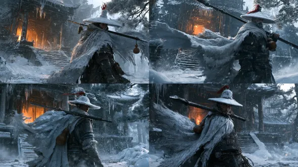cinematic wuxia key art, a fierce ancient chinese swordsman (lin chong style) standing in heavy blizzard in front of a dilapidated mountain god temple, wearing a tattered white snow cloak covered in frost and snow, a wide-brimmed white felt hat decorated with a red feather plume, dark weathered leather armor underneath, holding a long iron spear across his shoulder, a brown wine gourd hanging from the spear shaft, intense cold expression glancing back over his shoulder, wind violently blowing his cloak and snow, snow splashing around his feet. background: ruined ancient chinese temple with wooden pillars and stone steps, snow-covered tiled roof with hanging icicles, warm orange firelight glowing from the temple doorway, pine trees laden with snow on both sides, drifting snowflakes and wind-blown snow particles, ground mist, thick snowdrifts. dramatic chiaroscuro lighting, cold desaturated blue-gray winter palette, warm amber firelight contrasting from inside the temple, volumetric snowfall, atmospheric depth, cinematic rim light on the character, low-angle perspective, wide panoramic composition. dark fantasy wuxia concept art, digital painting, painterly brushstrokes, black myth wukong style key art, high detail, 8k, cinematic poster quality, weathered textures, realistic snow and fabric physics, epic dramatic mood.