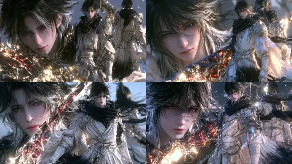 photorealistic character reference sheet, 16:9 horizontal composition, seamless pure white background, one single character only, left 33%: large headshot framing the entire head and hair, emphasizing the face and the black-and-silver intertwined hair, right 66%: two complete full body views of the same character side by side, strict front view and strict back view, head to shoe soles fully visible, no cropping, the figures enlarged to fill the right two-thirds 【正向 · en（mj 投喂 · 整块可复制）】 photorealistic character reference sheet, 16:9 horizontal composition, seamless pure white background, one single character only, left 33%: large headshot framing the entire head and hair, emphasizing the face and the black-and-silver intertwined hair, right 66%: two complete full body views of the same character side by side, strict front view and strict back view, head to shoe soles fully visible, no cropping, the figures enlarged to fill the right two-thirds, a young east asian male warrior with black hair interwoven with silver-white strands, lean athletic heroic build, fresh youthful handsome features, wearing an ivory-and-ink asymmetric fitted battle robe with layered silk folds, a high collar black ink-dyed scarf draping over one shoulder, silver-white etched armor pauldrons with intricate relief patterns, a silver-white articulated waist belt with a central clasp, form-fitting silhouette emphasizing the lean build, a long flowing asymmetric hem with ink-gradient dip-dye at the train, silver-white forearm bracers with engraved geomantic patterns, fully enclosed robe completely covering the body with no skin visible, holding an elden ring lava-type massive greatblade, wide heavy blade with molten red slurry veined through the metal and a cracked surface, emitting golden-white holy light as its own light source, effects palette of holy gold-white and ink black, white-gold-ink tricolor scheme, photorealistic, cinematic volumetric lighting, unreal engine 5 realistic render, hyper-detailed materials, sharp focus, ultra detailed, 8k uhd, ultra high definition, crisp micro details, extremely sharp, high fidelity rendering, consistent robe armor and weapon across all three views, the same character identity 【负向 · en（