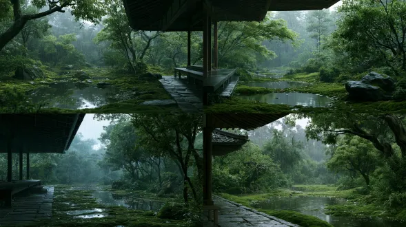 photorealistic cinematic wide shot, overcast cool rainy weather with a soft fine rain curtain, of a japanese moss garden corridor, rain-darkened moss glowing like glazed green, still puddles reflecting the grey sky, flower petals and leaves spiraling down with the rain, cool deep green moss tones with muted grey-teal, a stone garden path under the eaves, sharp focus, 8k, ultra detailed, highly detailed environment, cinematic volumetric lighting, controlled highlights, reduced specular, no blown-out highlights, no people, abandoned empty temple garden 【尾巴】