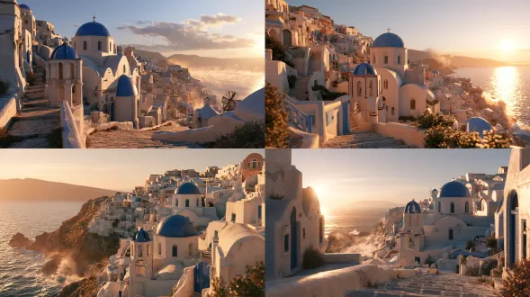 photorealistic cinematic wide shot, golden hour weather with warm honey-gold sunlight, of the whitewashed blue-domed staircases and village lanes of a greek island town, warm honey-gold light gilding the white walls, strong blue and white contrast, sea breeze, floating sea-salt mist and golden light dust, splashing wave foam, sweet warm honey-gold tones softened by salt haze, sharp focus, 8k, ultra detailed, highly detailed environment, cinematic volumetric lighting, controlled highlights, reduced specular, no blown-out highlights, no people, abandoned empty town 【尾巴】