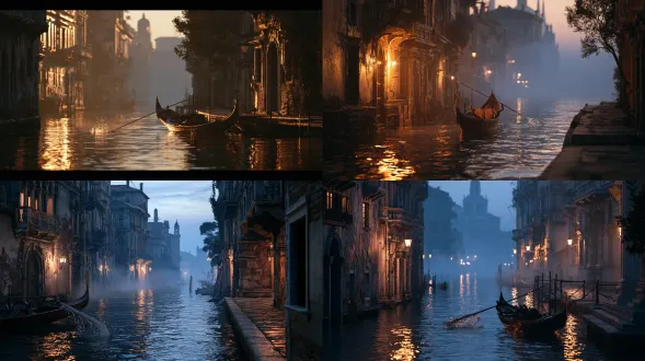photorealistic cinematic wide shot, dusk weather with evening mist drifting in from the water, of a venetian canal, warm water-light reflecting on weathered walls and the canal surface, a gondola oar lifting droplets, soft rippling reflections, hazy dimmed distant shore, a canal-side walkway (fondamenta), dusky blue water-light tones, sharp focus, 8k, ultra detailed, highly detailed environment, cinematic volumetric lighting, controlled highlights, reduced specular, no blown-out highlights, no people, abandoned empty canal 【尾巴】