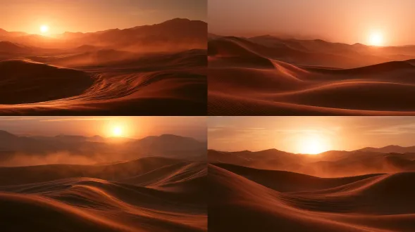 photorealistic cinematic wide shot, sunset weather with hot wind and wind-blown sand, of endless sand dunes, the lowering sun dyeing the dunes orange-red, suspended golden dust haze floating with the light, hot wind warping the distant dune ridges, vast and arid, a wind-carved trail across the dunes, magnificent yet desolate orange-red tones, sharp focus, 8k, ultra detailed, highly detailed environment, cinematic volumetric lighting, controlled highlights, reduced specular, no blown-out highlights, no people, abandoned empty desert 【尾巴】