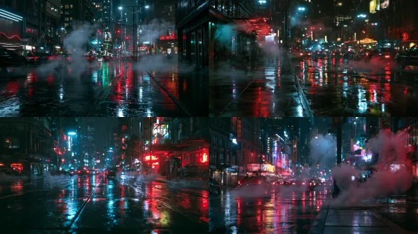 photorealistic cinematic wide shot, rainy night weather with street and subway-vent steam, of a neon-lit metropolis street, cold harsh neon light, wet pavement pulling stretched colorful neon reflections, white subway vent steam and street steam drifting, endless traffic, fractured colorful neon light spots with drifting steam, a rain-slick city sidewalk, sharp focus, 8k, ultra detailed, highly detailed environment, cinematic volumetric lighting, controlled highlights, reduced specular, no blown-out highlights, no people, abandoned empty street 【尾巴】