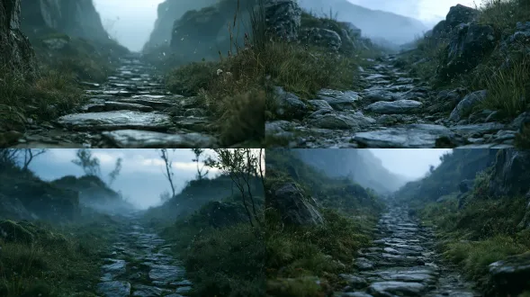 photorealistic cinematic wide shot, misty twilight weather with thin fog and drifting fluff, of a wild stone path in the scottish highlands, soft twilight glow smoothing everything, thin fog strands brushing past, tundra spores and wildflower fluff drifting on the wind, soft muted fog-green twilight tones, a wild stone path, sharp focus, 8k, ultra detailed, highly detailed environment, cinematic volumetric lighting, controlled highlights, reduced specular, no blown-out highlights, no people, abandoned empty highland path 【尾巴】