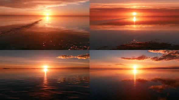 photorealistic cinematic wide shot, sunset weather with thin haze hugging the horizon, of the salar de uyuni salt flats mirror, the low sun burning the reflective surface gold-red, thin haze hugging the horizon, salt-crystal glints drifting with the wind, a faint reflected path stretching ahead across the flats, searing gold-red light that reads cold rather than warm, vast and luminous, crisp salt-crystal glints, sharp focus, 8k, ultra detailed, highly detailed environment, cinematic volumetric lighting, controlled highlights, reduced specular, no blown-out highlights, no people, abandoned empty salt flat 【尾巴】