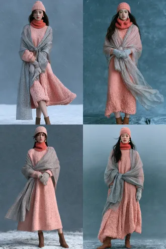 a real young east asian woman with long dark-brown hair and pearl earrings, slender elegant figure, graceful posture, photorealistic, full length shot, cold overcast grey-blue ambient daylight with fine snow drifting diagonally, against a cool grey-blue tinted backdrop, wearing a gauze-like silver pearl-lamé shawl draped over both shoulders and tied at the waist, an apricot-pink high-neck knit dress to the knee with thick plush knit, a matching knit beanie, a coral-red knit neck warmer, brown short boots, light-grey knit gloves, pearl earrings, cold yet luminous silver and apricot-pink two-tone palette, sharp focus, 8k, ultra detailed, highly detailed, controlled highlights, reduced specular, no blown-out highlights 【尾巴】