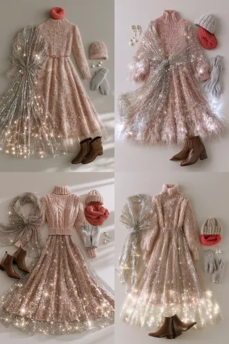 photorealistic fashion flat lay, a gauze-like silver pearl-lamé shawl tied at the waist, an apricot-pink high-neck knit dress knee-length with thick plush knit, brown short boots, light-grey knit gloves, a matching knit beanie, a coral-red knit neck warmer, pearl earrings, laid out centrally with the accessories placed beside them on a plain neutral background, soft even studio lighting, cold yet luminous silver and apricot-pink two-tone palette, sharp focus, 8k, ultra detailed, highly detailed, controlled highlights, reduced specular, no blown-out highlights