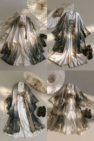 photorealistic fashion flat lay, a grey-green gradient kimono-style haori open jacket with a subtle traditional small floral motif, a white under-kimono, a narrow jacquard obi sash with a crimson obijime cord, a wagasa paper umbrella, black lacquered wooden geta sandals, pearl earrings, laid out centrally with the accessories placed beside them on a plain neutral background, soft even studio lighting, cool green elegant palette, sharp focus, 8k, ultra detailed, highly detailed, controlled highlights, reduced specular, no blown-out highlights