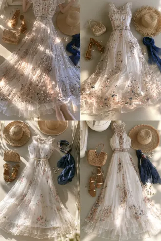 photorealistic fashion flat lay, a white resort dress cinched at the waist and knee-length with a small floral print and layered light gauze, gold-brown flat sandals, a minimal woven straw small bag, a wide-brim straw sun hat, an aegean-blue silk scarf, pearl earrings, laid out centrally with the accessories placed beside them on a plain neutral background, soft even studio lighting, honey-gold bright seaside palette, sharp focus, 8k, ultra detailed, highly detailed, controlled highlights, reduced specular, no blown-out highlights