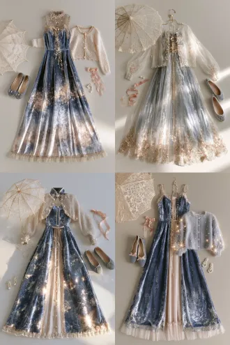 photorealistic fashion flat lay, a fog-blue velvet long dress ankle-length with subtle sheen, a pearl-button short cardigan, grey-blue flat ballet shoes, a delicate lace parasol, a small blush-pink hair ribbon, pearl earrings, laid out centrally with the accessories placed beside them on a plain neutral background, soft even studio lighting, soft water-light palette, sharp focus, 8k, ultra detailed, highly detailed, controlled highlights, reduced specular, no blown-out highlights