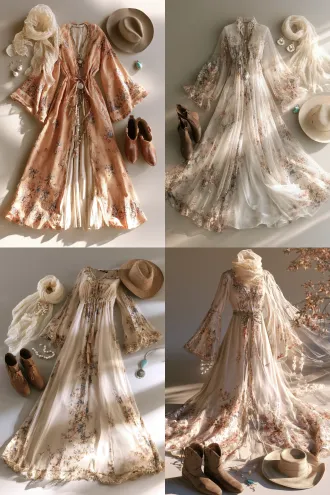 photorealistic fashion flat lay, a sand-gold breathable long robe ankle-length with wide sleeves and a small floral print, a gauze-like cream headscarf, pearl earrings placed beside the headscarf so they remain visible, brown flat desert boots, a wide-brim sun hat, a small turquoise amulet, laid out centrally with the accessories placed beside them on a plain neutral background, soft even studio lighting, sunset orange-red elegant-not-flashy palette, sharp focus, 8k, ultra detailed, highly detailed, controlled highlights, reduced specular, no blown-out highlights