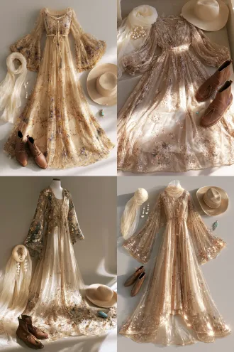 photorealistic fashion flat lay, a sand-gold breathable long robe ankle-length with wide sleeves and a small floral print, a gauze-like cream headscarf, pearl earrings placed beside the headscarf so they remain visible, brown flat desert boots, a wide-brim sun hat, a small turquoise amulet, laid out centrally with the accessories placed beside them on a plain neutral background, soft even studio lighting, sunset orange-red elegant-not-flashy palette, sharp focus, 8k, ultra detailed, highly detailed, controlled highlights, reduced specular, no blown-out highlights