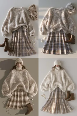photorealistic fashion flat lay, an oat-grey chunky knit sweater with a loose fit and dropped shoulders, a plaid skirt to the knee with thin accent threads, a knit beanie, a knit neck warmer, brown short boots, pearl earrings, laid out centrally with the accessories placed beside them on a plain neutral background, soft even studio lighting, twilight fog-green gentle palette, sharp focus, 8k, ultra detailed, highly detailed, controlled highlights, reduced specular, no blown-out highlights