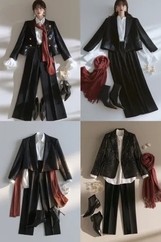 photorealistic fashion flat lay, a black-grey suit-style short jacket with a subtly lustrous surface, a white shirt, black straight-leg trousers, black pointed short boots, a slim knit scarf in muted red, pearl earrings, laid out centrally with the accessories placed beside them on a plain neutral background, soft even studio lighting, neon-crisp cold palette, sharp focus, 8k, ultra detailed, highly detailed, controlled highlights, reduced specular, no blown-out highlights