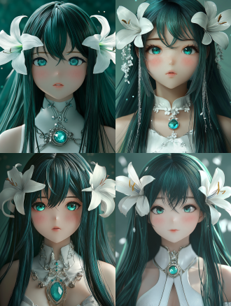 semi-realistic 2.5d anime character render, game splash art quality, a young woman with very long dark teal-green hair, straight bangs covering one eye, one visible large aqua eye, anime face proportions with large eyes, tiny nose, short chin, realistic skin with visible pores and subsurface scattering, natural skin specular, wet glossy iris with corneal reflection, individually rendered hair fibers with translucent backlight, two large white lily hair ornaments, white sleeveless gown with high collar, silver chest ornament with aqua gemstone, realistic fabric weave and natural cloth folds, polished metal reflections, cinematic rim light from behind, volumetric light, multi-layer soft shading with ambient occlusion, no lineart, soft edges, soft pale mint-green background with gentle bokeh and atmospheric dust, shallow depth of field, subtle vignette, highly detailed material rendering