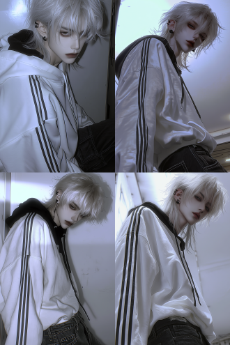 2.5d, semi-realistic, ball-jointed doll (bjd) style, close-up half-body composition. adult male, white medium-length layered hair, narrow almond-shaped eyes, bangs gently covering one eye, wearing black metal ear studs and eyebrow piercings. dressed in a white oversized hoodie with black inner layer, three black vertical stripes running from shoulders to wrists on sleeves. black jeans with natural fabric folds around pockets. standing upright, slight side profile with downward gaze at camera, exuding detached and aloof arrogance. background: simple indoor or urban street scene. atmosphere: gloomy detachment, cool somber tones, cold color palette, cyberpunk noir aesthetic. lighting: cold white light, pale blue ambient glow, soft illumination, slight overexposure, low contrast. best quality, 2.5d semi-realistic style, semi-thick coating texture, korean thick impasto, fine brush strokes, cotton and denim texture details, translucent skin rendering, fully immersive atmosphere, 8k resolution.