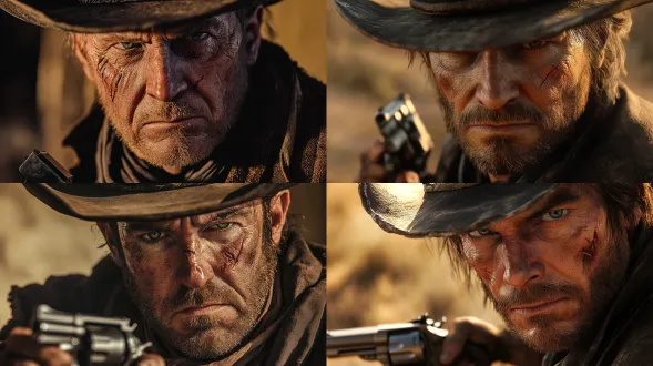 a cinematic portrait of a rugged 38-year-old cowboy, weathered tanned skin, deep wrinkles around squinting eyes, stubble. he has a deep grey-blue left eye and a cloudy right eye with an old knife scar running from brow to cheekbone. wearing a heavily worn dark brown canvas duster coat with frayed edges, a deformed wide-brimmed cowboy hat, and a dusty neckerchief. he is resting his hand on a customized colt revolver with notches carved into the grip. a broken silver pocket watch is visible in his chest pocket. moody desert lighting, golden hour, dusty atmosphere, highly detailed, 8k resolution, photorealistic, western movie aesthetic, dramatic shadows.