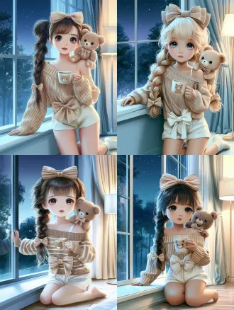 画出一位可爱的油画风女孩，（融合图片中的画质和脸型）大大水汪汪的眼睛，女孩扎着凌乱的双麻花辫，麻花辫尾上带着蝴蝶结，头上戴着可爱的大蝴蝶结发圈，穿着米色一字肩条纹毛衣，同系列白色短裤，衣服胸前系着一个大大的蝴蝶结，女孩跪着坐在落地窗边，一只手搭在落地窗台上，一只手拿着陶瓷小熊图案的杯子，女孩看向正前方，女孩肩上趴着一只同风格的小熊，小熊脖子上带着蝴蝶结，小熊看向女孩，夜晚星空树木窗外房间窗帘台灯背景，厚涂油画，平面设计，超高清32k画质，角色比例居中，全身图，采光，人物角色比例居中，人物体型小小的