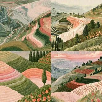 横村低丘缓坡梯田田垄骨架，四季农作物轮作大地色谱，层叠花果桃乡农耕，纺织品图案，对称构图，自然肌理，柔和莫兰迪色，平版印刷质感，细腻纹理，四季渐变，田园诗意