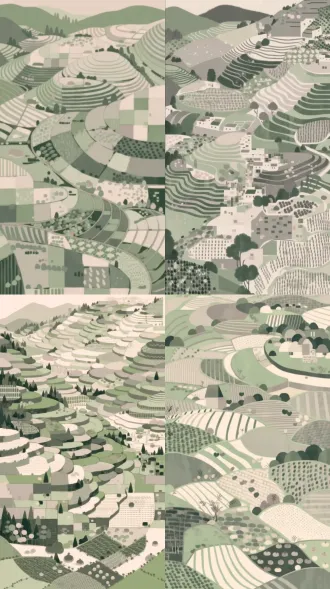 横村低丘梯田田垄，四季农作物轮作大地色谱，色块抽象中国画技法，纺织品图案，层叠花果桃乡农耕，柔和晕染，莫兰迪自然配色，平涂纹理，细腻肌理，田园诗意。