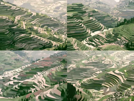 横村低丘梯田田垄层叠，四季农作色谱，桃乡花果村落共生，中国画色块抽象纺织品图案，俯视构图，自然晕染，柔和漫射光，大地肌理，暖柔色调，农耕诗意。