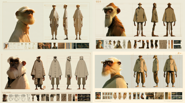 hollywood cg animated film character concept art board, horizontal 16:9. layout: top-left large cinematic close-up portrait: head, neck and small shoulder section only, face dominant on left, crisp facial features, cinematic side backlight outlining face contour. top-right: character orthographic set: front view, single side view, back view only. full body uncropped head-to-toe, three figures equal height, even spacing, upright natural stance, hands resting naturally at sides. bottom thin detail strip, 12%-15% total height, containing thumbnail modules: three-quarter reference, expression study sheet, multi-angle hairstyle & long beard sketches, collar close-up, cuff tie close-up, waist silk sash close-up, bracer details, shoe partial shot, coarse linen material study, vertical color swatch strip, small cinematic storyboard thumbnails. grid layout with thin dividing lines for zoning only. solid clean cream off-white background. no readable text, labels, numbers, names, watermarks, ui, subtitles. character: cang yue, anthropomorphic senior golden gibbon martial arts grandmaster, bipedal, ~60 years old. lean gentle aged face, frost-white brow fur, fine eye wrinkles, calm reserved eyes. lean upright build, open shoulders, balanced stance. reclusive grandmaster poise. dense golden-brown fur, face & brow fur frost-white, long frost beard to chest. arms long past knees, broad palms with knuckle/palm calluses. ape head, no human ears; crown fur combed neatly backward. clothing: moon-white linen grandmaster cross-collar robe, right lapel, clean cut, cuffs secured by binding straps. wide dark red silk waist sash, ends hang to knees. dark brown leather bracers, plain round-toe cloth shoes. light weathering and subtle rain damp texture on robe, natural coarse linen folds, wear at cuffs and hem. martial grandmaster ceremonial robe, dark red sash as sole warm color anchor. no pajama / loungewear appearance. temperament: grandmaster, hands behind back, static readiness, calm gentle, hidden sharpness. render: cinematic lighting, hyperreal fur & facial detail, ultra-fine clothing texture, artstation top quality, unreal engine5, octane render, sharp focus, 8k masterpiece, high detail. all orthographic views and thumbnails keep consistent face, fur, body, outfit and age, same costume and hair in orthographics, no duplicate side views. rules: no extra characters, no four-view orthographic set, no repeated side profiles. left portrait not half-body / full-body. no text, labels, watermarks, ui, buttons. no dark/complex background, weapons, props. not middle-aged. no pajama-style clothing. natural head-body ratio, avoid short legs, 50/50 body. no sudden fur color change. do not squash orthographic views with oversized bottom detail panel.