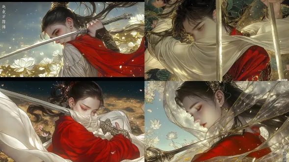 红衣女侠横握银剑半遮面，凌厉侧颜，黑发白绸狂飞向左，金月深蓝夜空，粉莲绿叶，极简构图，冷暖强对比，矿物颜料质感，电影感，16:9，v6.0，raw风格