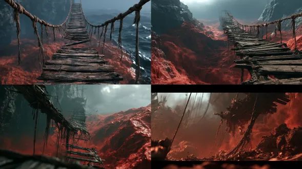 ue5 次世代 3d 游戏 cg 渲染，战场边缘：一座被斩断的浮桥断口，断裂木板与粗麻绳垂入翻涌暗红烟尘的深渊，桥的尽头空无一人，断口处夜风卷起碎布。绝望压抑氛围，冷灰天光斜射，景深压暗深渊，pbr 材质，8k 超高清。无文字，无水印。