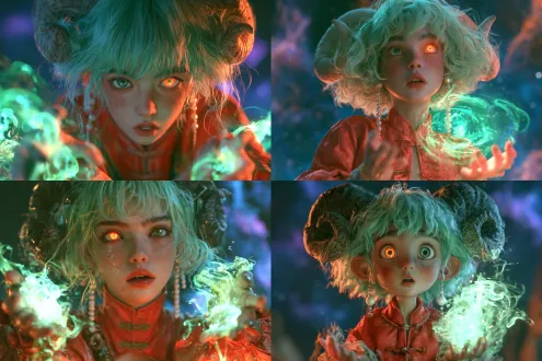 3d cg渲染，半写实萌魅魔少女，羊角薄荷绿头发，极端特写肖像，异色瞳发光橙眼惊惶表情，红丝盘扣马褂，珍珠垂坠耳环，双手托旋绕霓虹绿魔法火焰，体积绿主光，深蓝紫星云背景，冷暖对比，电影光效，octane渲染，pbr材质，次表面散射肌肤，发丝精细，浅景深，东方奇幻人设，手办收藏级风格