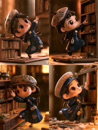 a pop mart style blind box chibi girl figurine as a collectible diorama desk ornament, the entire ancient chinese thread-bound bookshelf is part of the display base, miniature wooden shelf with rows of antique books integrated into the figurine base, full body dynamic pose, the girl leaning forward and reaching up with one hand to pull a book from the shelf, the other hand holding a mini archaeological trowel behind her back, one leg slightly lifted, beret tilted, a small southern dynasties portrait brick pattern decoration on the beret, a star-shaped brooch on her chest, dark blue long dress with the zhejiang university qiushi eagle emblem printed on the skirt and faint tang stele rubbing motif near the hem, a jade pendant at her waist, from the jade pendant hangs a small stone carved with the two characters "zhenqing" from yan zhenqing's xiting ji stele fragment, glossy vinyl toy material, soft rounded chibi proportions, big expressive eyes, gentle blush, the bookshelf diorama rendered as a miniature artistic stage with warm amber lighting, floating dust particles, a few scattered pottery shards and a small bronze ding on the shelf edge, shallow depth of field, cinematic composition, painterly yet collectible, elegant museum-like atmosphere, high artistic quality, 3d render, octane render, blind box product photography, 8k, ultra detailed