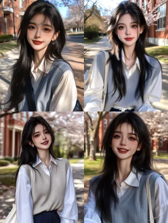 成年亚洲女大学生，黑色长直发，发丝柔顺自然，鹅蛋脸，额头饱满，眉形自然柔和，眉毛颜色偏深，明亮清澈的杏仁眼，双眼皮自然，眼神温柔有亲和力，睫毛纤长，鼻梁秀气挺直，鼻头圆润，唇形清晰，嘴唇呈自然豆沙色，面部线条柔和，皮肤白皙细腻，带有自然红润感，脸上几乎没有浓妆，清澈自然的微笑，白色衬衫，浅灰色针织背心，深蓝色百褶裙，白色帆布鞋，背着简约帆布包，站在阳光洒落的大学校园林荫道上，樱花树与红砖教学楼作为背景，青春、明亮、干净、治愈，柔和自然光，电影感人像摄影，高细节，真实皮肤质感，竖构图
